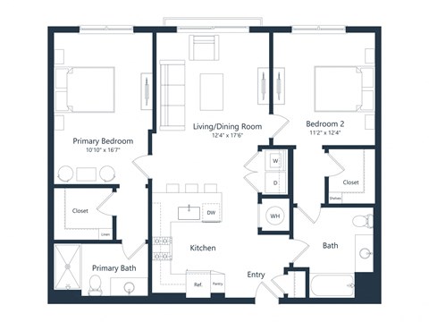 Floor plan for 2 beds, 2 baths, 1088 sqft